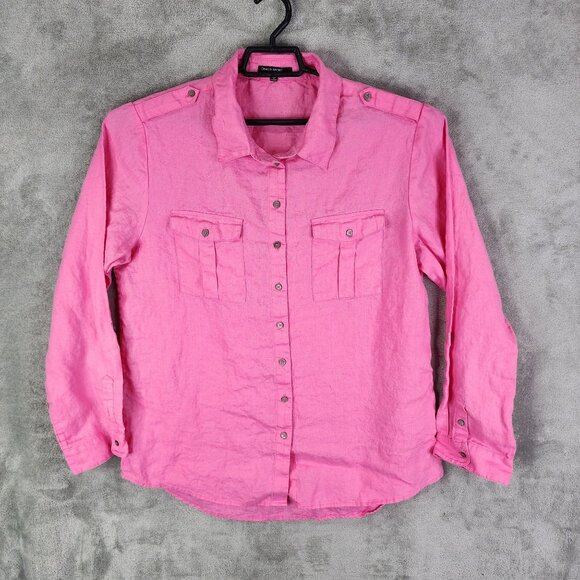 Womens Pink Chaus Sport Linen Shirt Button Up Long Sleeve Pockets Size L - Picture 2 of 11